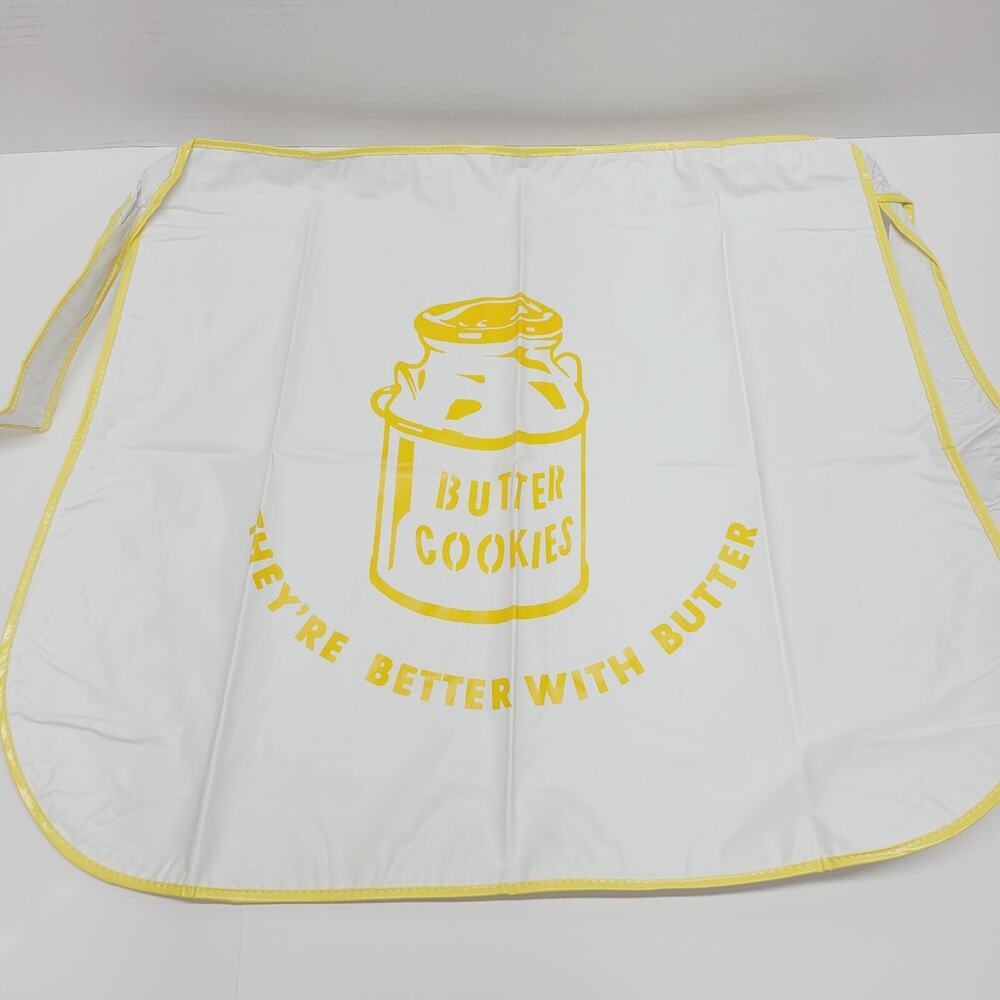 VTG 60s 70s Vinyl Plastic Kitchen Apron MCM Butter Cookies Milk Jug White Yellow